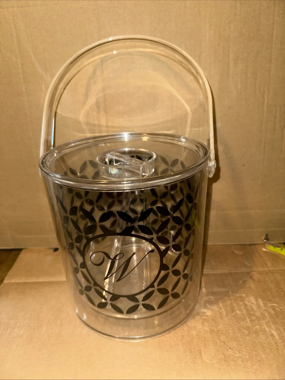 Clear plastic Ice Bucket with Decorative Monogram W with tongs